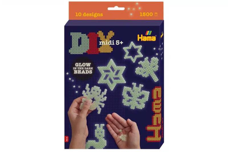 Hama Midi Perlesæt / Gaveæske - Selvlysende / Glow In The Dark 1.500 Perler + 3 Plader