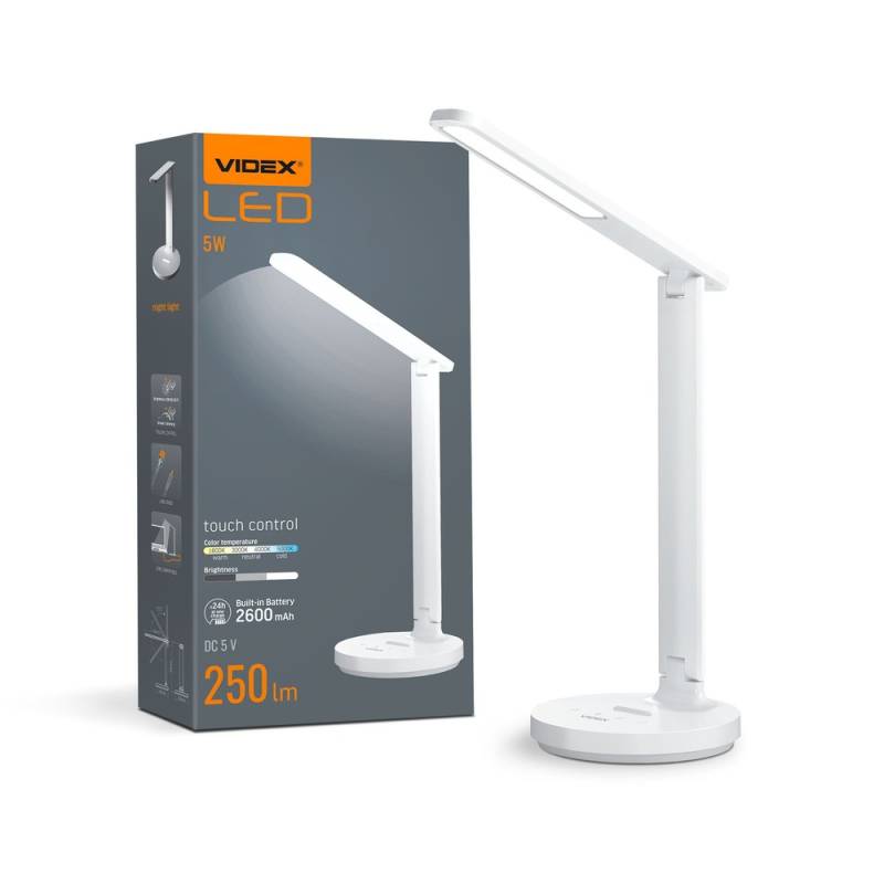 Led Genopladelig Bordlampe - Hvid, Forbrug: 5w - Dæmpbar : Dæmpbar, Kulør : Neutral - Videx