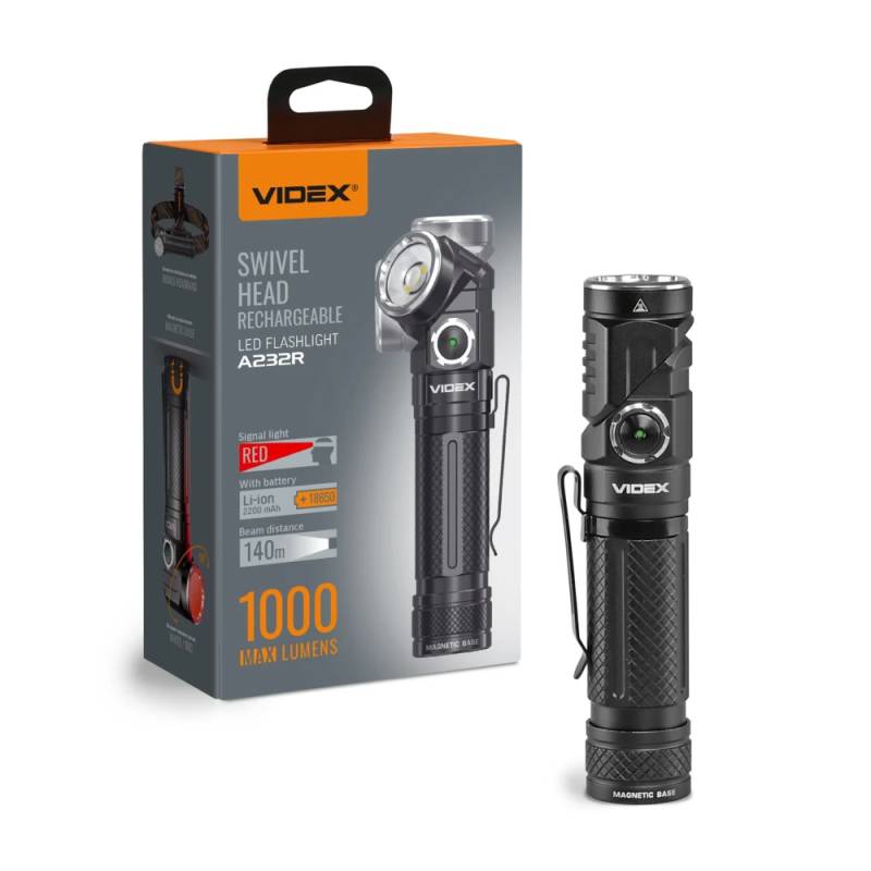 Led Lommelygte, Genopladelig - Magnetisk, 1000lm, Usb-C, Roterbar, Hvid+rød Lys - Kulør : Neutral - Videx