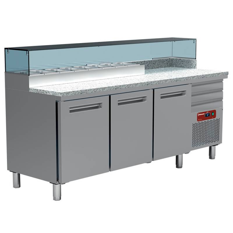 Kølebord Til Pizzeria, 3 Døre 600x400, 3 Neutrale Skuffer 600x400, Kølestruktur 8x Gn 1/4 - Diamond