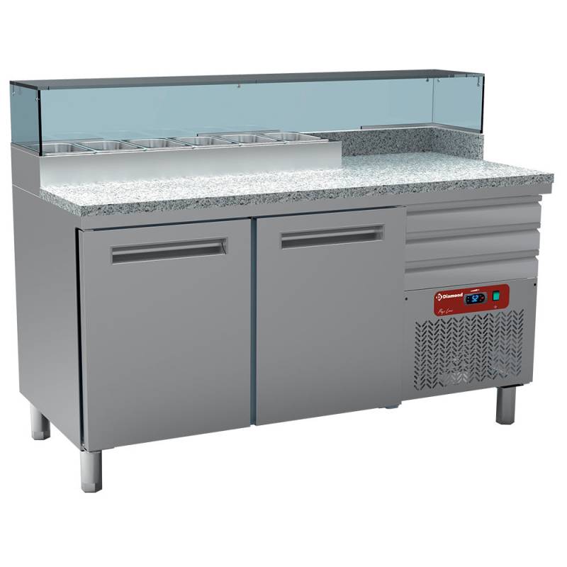 Kølebord Til Pizzeria, 2 Døre 600x400, 3 Neutrale Skuffer 600x400, Kølestruktur 6x Gn 1/4 - Diamond