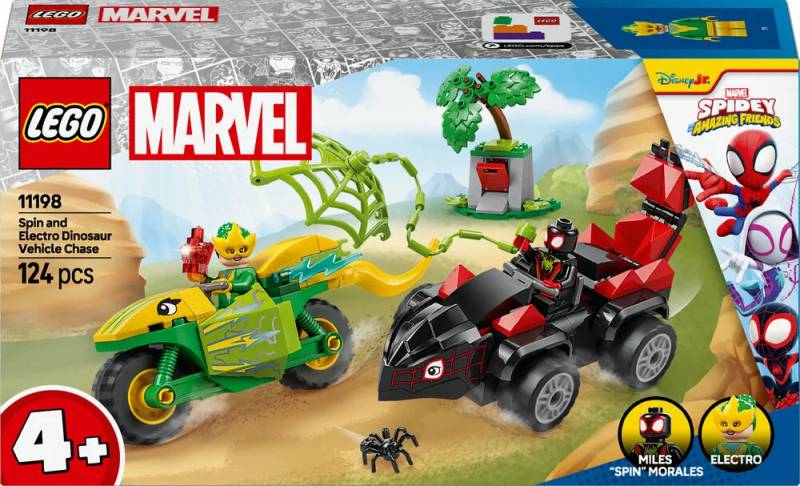 11198 Lego Spidey Spin Og Electros Jagt I Dinosaurkøretøjer