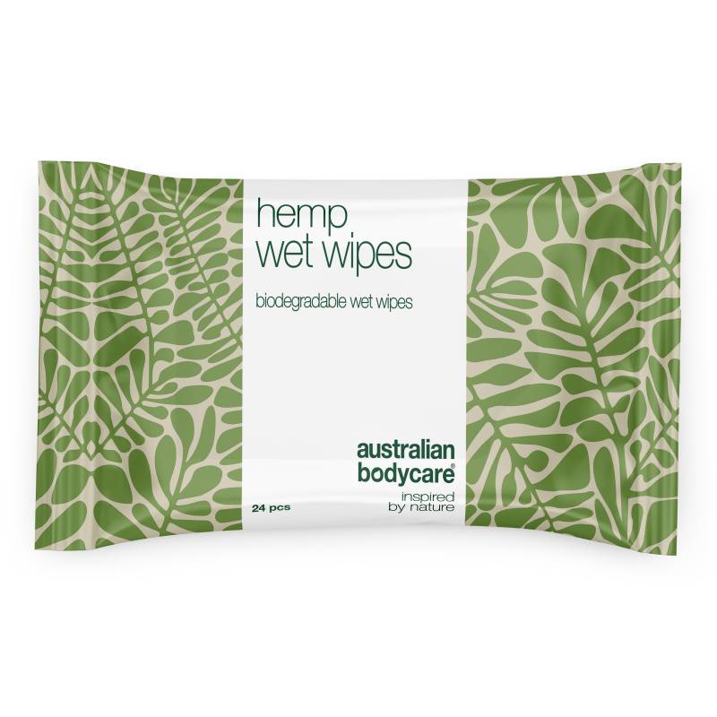 Vådservietter Til Skånsom Rens  -  Med Hamp Og Aloe Vera â€” Effektive Vådservietter, Der Renser Og Opfrisker Huden. Med Hampfrøolie Og Aloe Vera. Perfekte Til Hænder, Ansigt Og Krop. - 6 Stk. - Australian Bodycare
