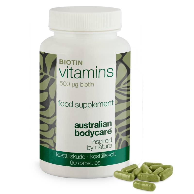 Biotin 500 âµg  -  Kosttilskud Med Vitamin B7  -  90 Stk. â€” Biotin 500 âµg Med Vitamin B7  -  90 Tabletter Til Hud, Hår Og Slimhinder. Indeholder Biotin, Medicago Sativa Og Vegetabilsk Cellulose. - 3 Stk. - Australian Bodycare