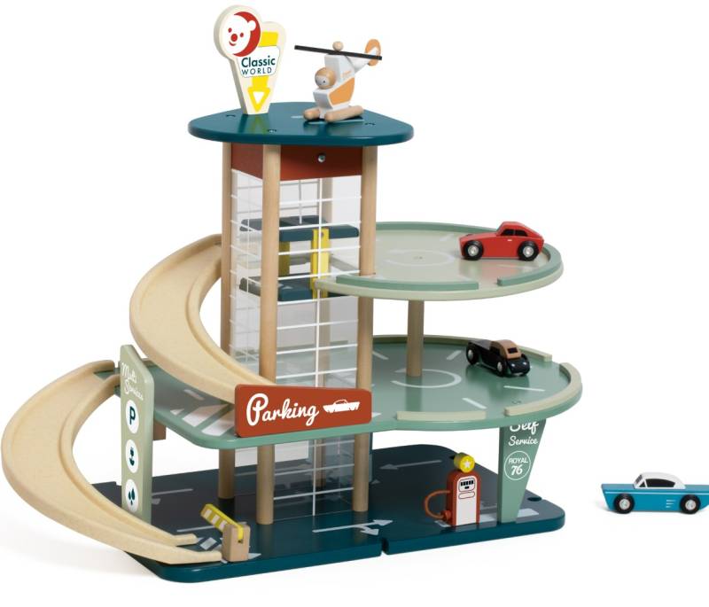 Classic World Vintage Træ Stort Parkeringshus Med Tilbehør
