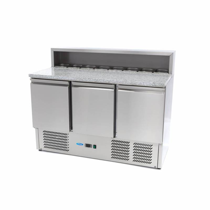 Kølebord / Pizzadisk - 137cm - 3 Døre - Passer Til 8 X 1/6 Gn - Inkl Rustfrit Stål Låg - Maxima